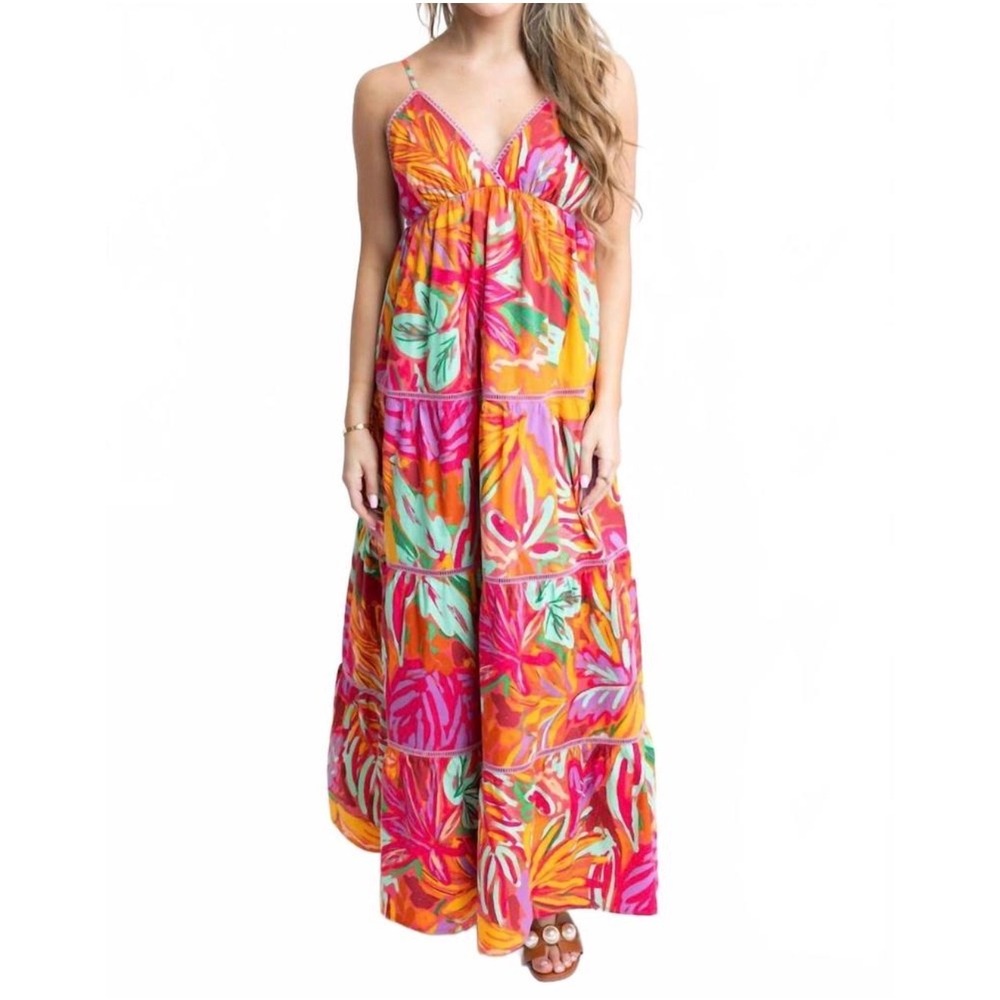 Karlie Multi Tropical Tiered Maxi Dress Pink Orange Floral V-Neck Large